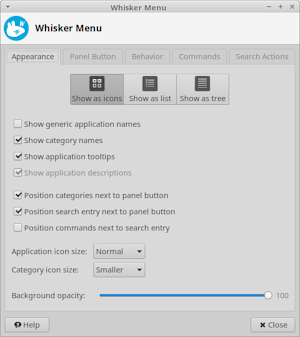 Appearance tab of Whisker Menu settings